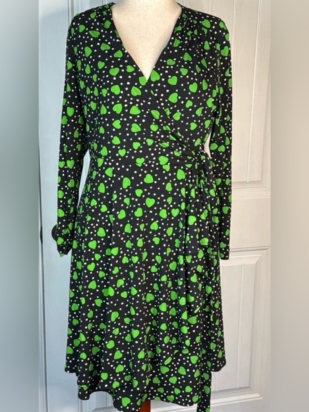 Vintage Vicky Tiel Wrap Dress Green/Black Heart Print Midi V-Neck Retro Large